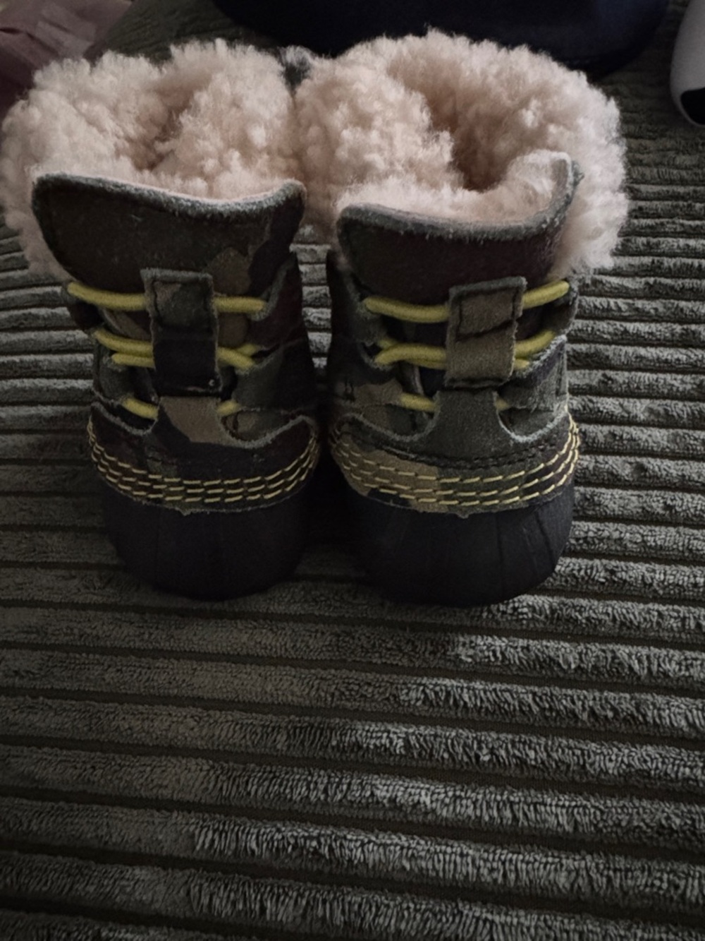 Sorel Kids Camo Winter Boots with Pink Fur Trim
